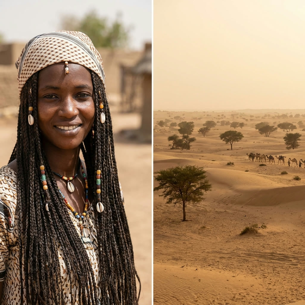 Woman with long braided hair in the Sahel
