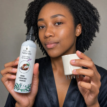 Woman holding Chebe Hair Growth Oil and Follicle Activator 3.0